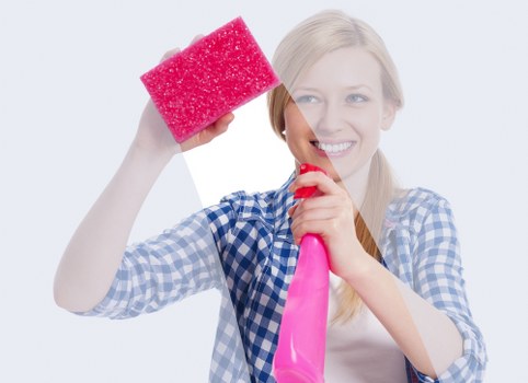 Cleaner wiping cupboard surfaces during a move-in clean